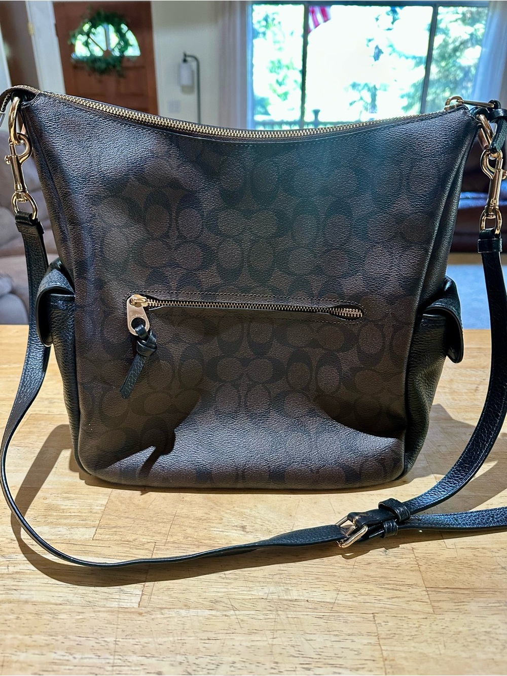 Coach Brown & Black Signature Leather Crossbody with Gold Hardware - Picture 2 of 6